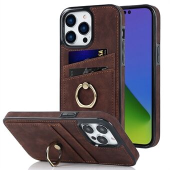 For iPhone 14 Pro Max 6.7 inch Retro Phone Case Leather Coated TPU Ring Holder Kickstand Feature Anti-fall Shell with Card Slots