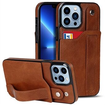 For iPhone 14 Pro Max 6.7 inch RFID Blocking Card Slots Anti-scratch Cover Kickstand Function Leather Coated TPU Protective Case with Hand Strap