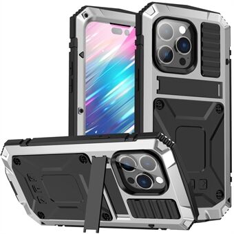 For iPhone 14 Pro Max 6.7 inch Dust-proof Splash-proof Anti-fall Phone Case Metal + Silicone + PC Kickstand Anti-wear Shell with Tempered Glass Film