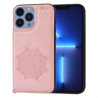 For iPhone 14 Pro Max 6.7 inch Mandala Flower Imprint Leather Coated TPU Protective Case Card Slot Kickstand Shockproof Cover with Strap