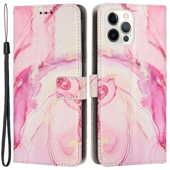 For iPhone 14 Pro Max 6.7 inch Marble Pattern Printing Anti-drop Phone Case PU Leather Wallet Stand Folio Flip Cover with Strap