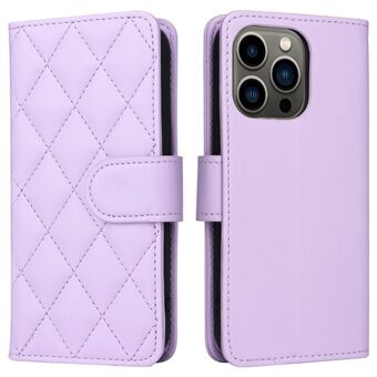 For iPhone 14 Pro Max 6.7 inch Drop-proof Phone Flip Wallet Case Rhombus Imprinted PU Leather Stand Phone Cover