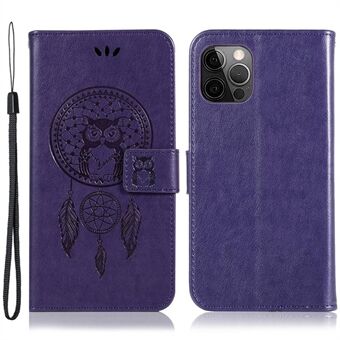 For iPhone 14 Pro Max Imprinted Owl Dream Catcher PU Leather Case Wrist Strap Wallet Stand Flip Cover