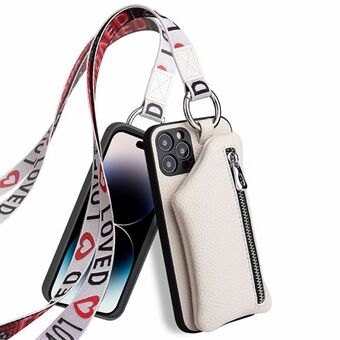 For iPhone 14 Pro Max Zipper Pocket Protective Cover with Lanyard Detachable Wallet PU Leather Coated TPU Phone Case