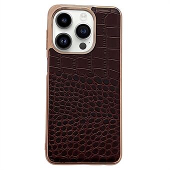 Anti-fall Nano Electroplating Shell for iPhone 14 Pro Max Crocodile Texture Genuine Cowhide Leather Coated TPU+PC Case