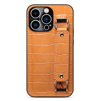 For iPhone 14 Pro Max DW Card Holder PU Leather Coated TPU Case Crocodile Texture Hand Strap Kickstand Anti-drop Cover