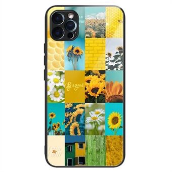 For iPhone 14 Pro Max Tempered Glass Back Case Sunflower Pattern Printing Soft TPU Bumper Frame Shockproof Anti-Scratch Cover