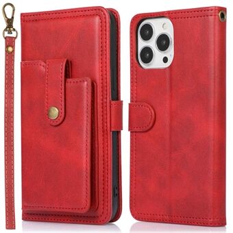 Outer Card Holder Stand Case for iPhone 14 Pro Max, PU Leather + TPU Anti-drop Phone Wallet Cover with Strap