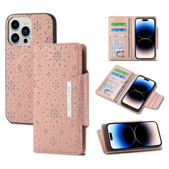 For iPhone 14 Pro Max Stylish Imprinted Glitter Flower Design Detachable Case PU Leather+TPU Full Protection Phone Cover with Wallet