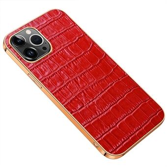 Anti-Fall Phone Case for iPhone 14 Pro Max Electroplating Shockproof Case Crocodile Texture Genuine Leather Coated TPU Back Shell