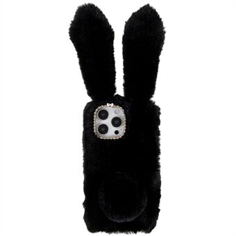 For iPhone 14 Pro Max Cute 3D Bunny Ears Furry Winter Warm Case Drop Resistant TPU Protective Phone Cover with Glitter Rhinestone Bowknot