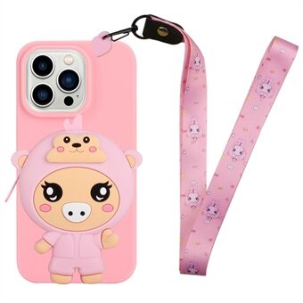 For iPhone 14 Pro Max TPU Phone Case Cartoon Design Shockproof Cover Silicone Zippered Wallet Phone Case with Lanyard