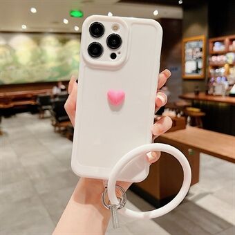 For iPhone 14 Pro Max Cute 3D Love Heart Decor Phone Case Soft TPU Scratch-Resistant Cover with Silicone Ring Strap