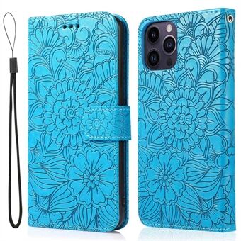 PU Leather Phone Case for iPhone 14 Pro Max, Imprinted Flower Pattern Stand Wallet Case with Strap