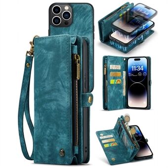 CASEME 008 Series for iPhone 14 Pro Max Multi-Functional Detachable Magnetic Phone Case PU Leather Stand Zipper Pocket Wallet Cover with Strap