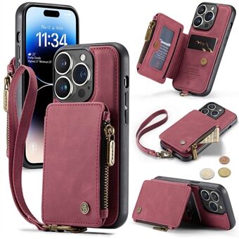 CASEME C20 Series for iPhone 14 Pro Max PU Leather Wallet Phone Case Zipper Pocket Card Holder Kickstand Cover with Strap