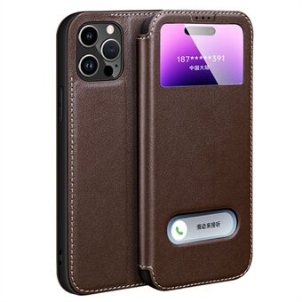 Genuine Cowhide Leather Case for iPhone 14 Pro Max Shockproof Cover Dual Window Anti-Drop Phone Case with Stand