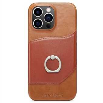 Imprinted Anti-Drop Phone Case for iPhone 14 Pro Max Genuine Leather Hard PC Phone Shell Shockproof Ring Kickstand Case with Card Holder