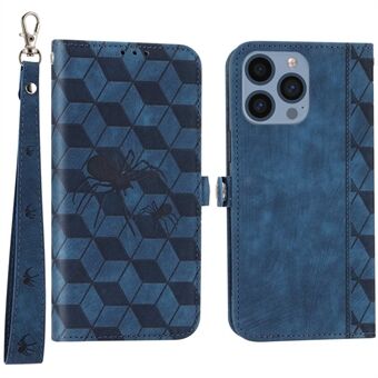 Anti-fall Cell Phone Cover for iPhone 14 Pro Max, PU Leather Imprinted Spider Rhombus Pattern Wallet Stand Scratch-resistant Phone Case with Strap