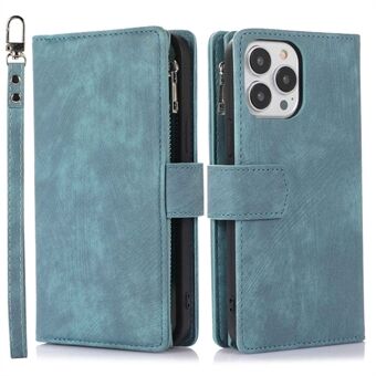 For iPhone 14 Pro Max Zipper Pocket Card Holder Phone Protective Case Skin-touch PU Leather Stand Wallet Cover with Wrist and Shoulder Strap