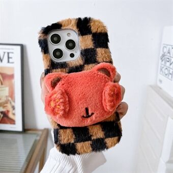 For iPhone 14 Pro Max Winter Fluffy Phone Case Bear Doll Decor Plush + TPU Protective Cover