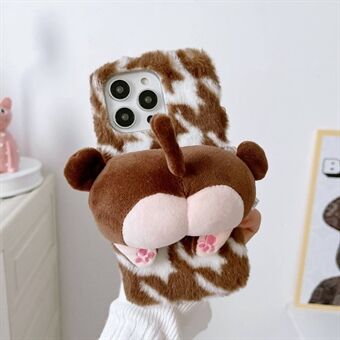 For iPhone 14 Pro Max Monkey Butt Doll Decor Protective Case Plush + TPU Winter Fluffy Phone Cover