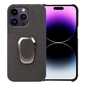 For iPhone 14 Pro Max Genuine Leather + Hard PC Protective Shell Litchi Texture Ring Kickstand Anti-Drop Phone Cover