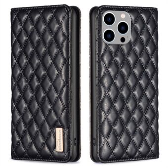 BINFEN COLOR BF Style-16 For iPhone 14 Pro Max Card Holder PU Leather Stand Case All-round Shockproof Rhombus Imprinted Auto Closing Magnetic Phone Cover