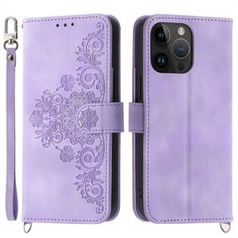 Skin-touch Imprinted Flowers Pattern Leather Case for iPhone 14 Pro Max, Stand Wallet Multiple Card Slots Phone Cover with Wrist Strap and Shoulder Strap