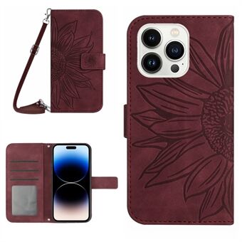 For iPhone 14 Pro Max HT04 Shockproof Phone Case Imprinted Sunflower Skin-touch PU Leather Stand Wallet Cover Protector with Shoulder Strap