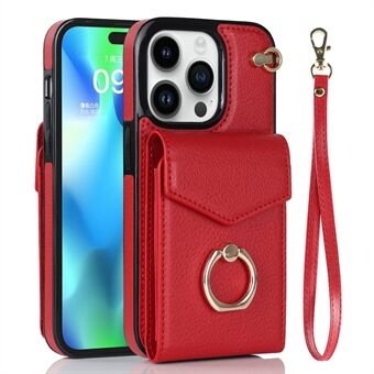 For iPhone 14 Pro Max PU Leather+TPU Ring Kickstand Phone Anti-scratch Case Accordion Style Card Bag RFID Blocking Protective Cover with Hand Strap