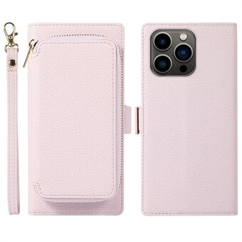 2-in-1 Wallet Phone Case for iPhone 14 Pro Max Litchi Texture Anti-Fall Cover Magnetic PU Leather Stand Case with Zipper Card Bag / Strap