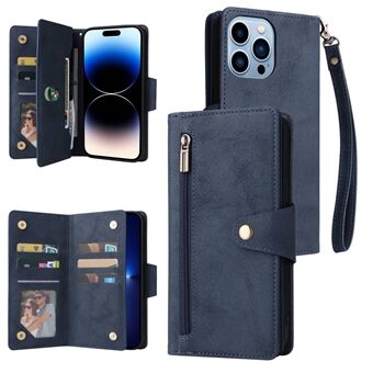 For iPhone 14 Pro Max Rivet Decor PU Leather Cover Stand Wallet Multiple Card Slots Zipper Pocket Phone Case with Strap