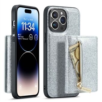 DG.MING M3 Series Glittery 2-in-1 Detachable Phone Case For iPhone 14 Pro Max, PU Leather Coated PC+TPU Zipper Wallet Magnetic Phone Cover Kickstand