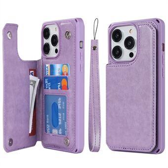 For iPhone 14 Pro Max Card Slots Design Hands-free Kickstand PU Leather Coated TPU Phone Case Wallet Cover with Strap