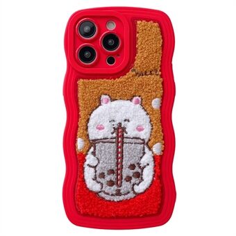 For iPhone 14 Pro Max Milk Tea Animal Pattern Embroidery Plush Phone Case TPU + PC Anti-drop Protective Cover