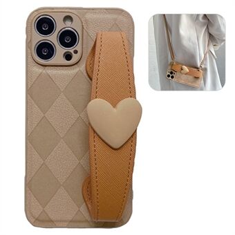 For iPhone 14 Pro Max Love Heart Wristband Rhombus Imprinted PU Leather Coated PC+TPU Phone Cover Back Shell with Shoulder Strap