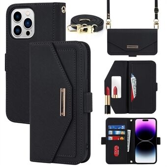 Anti-fall Phone Cover For iPhone 14 Pro Max Cross Texture PU Leather Flip Phone Case Stand Wallet with Inside Makeup Mirror and Shoulder Strap