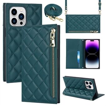 For iPhone 14 Pro Max Imprinted Rhombus Texture PU Leather Zipper Pocket Phone Case Wallet Stand Full Protection Flip Phone Cover with Long Strap