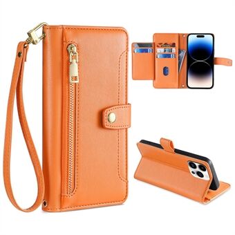 For iPhone 14 Pro Max Textured PU Leather Zipper Pocket Stand Phone Case Multiple Card Slots Wallet Flip Cover with Wrist Strap and Shoulder Strap