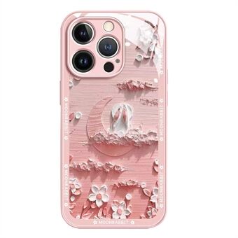 For iPhone 14 Pro Max Back Cover Moon and Rabbit Oil Painting Tempered Glass + TPU Phone Case