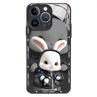 Back Cover for iPhone 14 Pro Max Cartoon Rabbit with Backpack Tempered Glass+TPU Phone Protective Case