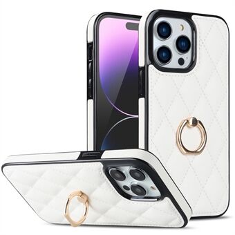 Rotation Ring Kickstand Phone Case for iPhone 14 Pro Max , PU Leather + TPU Rhombus Grid Pattern Non-Slip Cover