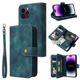 For iPhone 14 Pro Max Anti-drop Phone Case Stand Zipper Pocket Leather Phone Wallet Cover with Straps