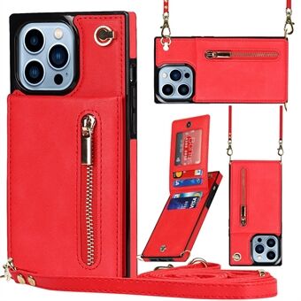 For iPhone 14 Pro Max Zipper Wallet Kickstand Phone Cover Leather Coated TPU Case with Shoulder Strap