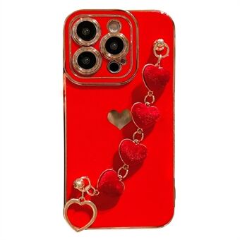 For iPhone 14 Pro Max Electroplating Phone Case Soft TPU Back Cover with Plush Love-Heart Strap