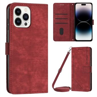 For iPhone 14 Pro Max Wallet Phone Case PU Leather Stand Lines Imprinted Phone Cover with Shoulder Strap