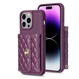 BF21-Style PU Leather+TPU Phone Case For iPhone 14 Pro Max , Phone Cover with Card Slot and Strap