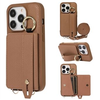 For iPhone 14 Pro Max Hand Strap Kickstand Phone Case Card Holder Leather+TPU Cover with Shoulder Strap