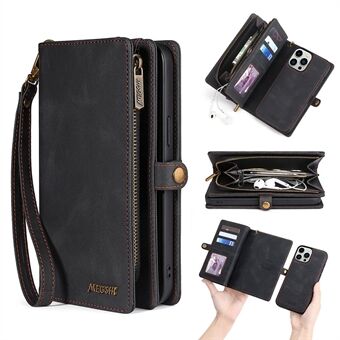 MEGSHI 017 Series Detachable Leather Case for iPhone 14 Pro Max Anti-drop Magnetic Absorption Zipper Wallet with Wrist Strap